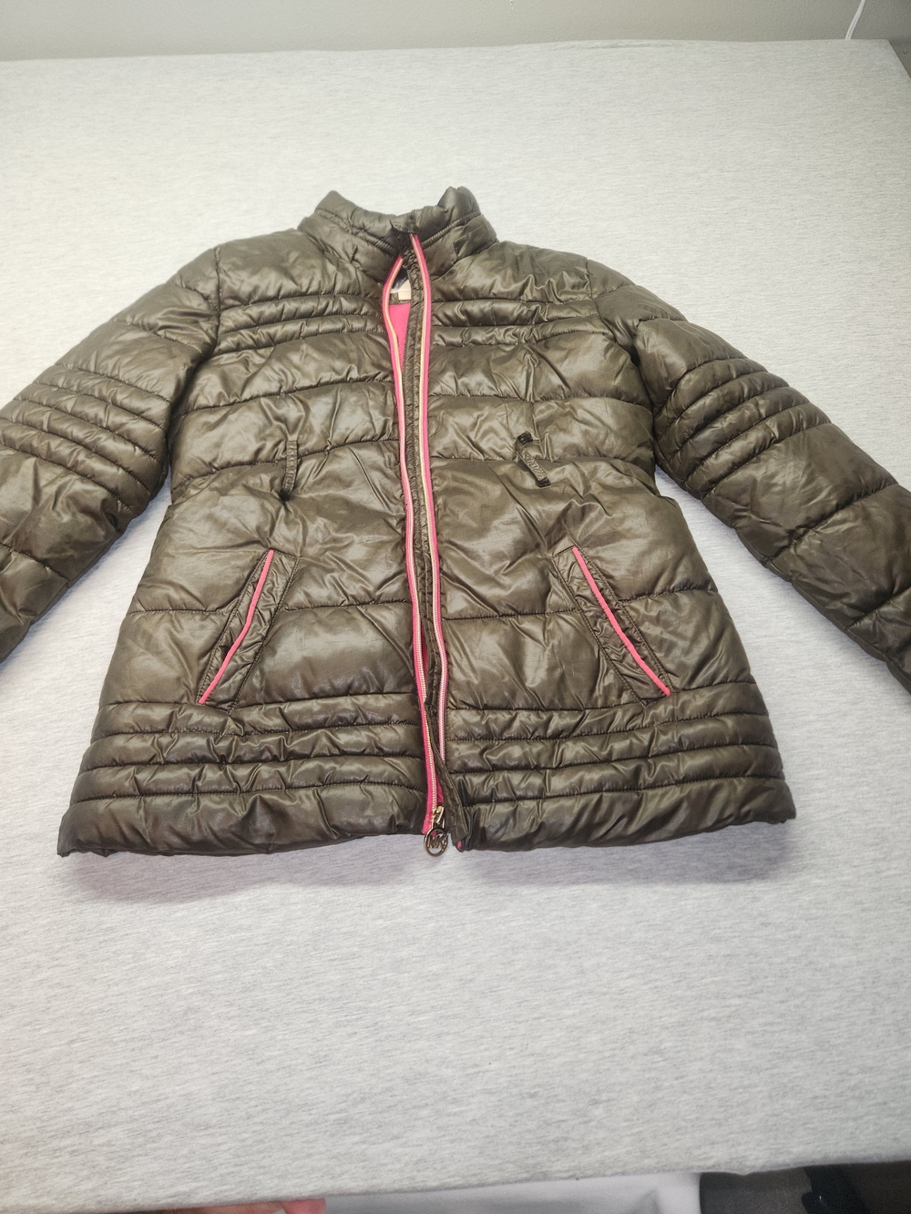 Michael Kors Olive Green Puffer Jacket with Pink Trim Sz10/12